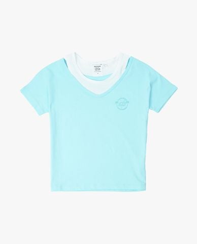  SKECHERS - Áo thun bé gái cổ V tay ngắn phối layer 