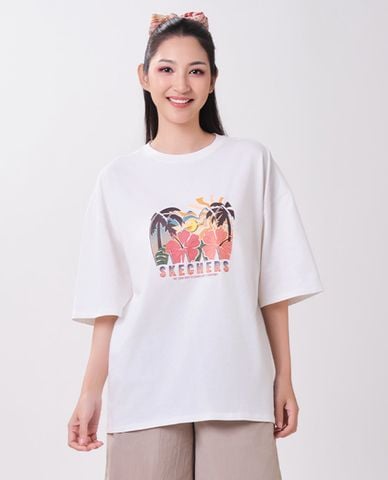  SKECHERS - Áo thun nữ cổ tròn tay ngắn in họa tiết 