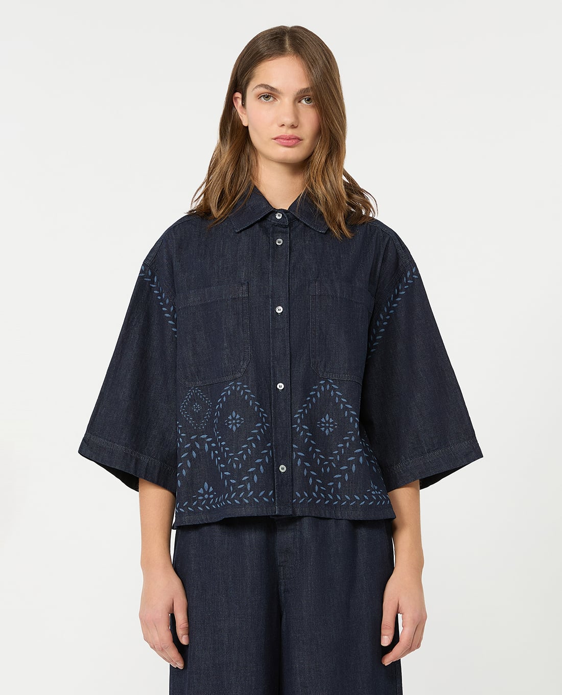WEEKEND MAX MARA - Áo sơ mi denim nữ cổ bẻ tay lửng Wkdalare