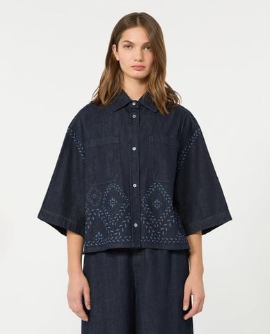  WEEKEND MAX MARA - Áo sơ mi denim nữ cổ bẻ tay lửng Wkdalare 