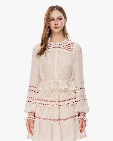  GIGI - Áo kiểu nữ cổ tròn tay dài phối bèo 