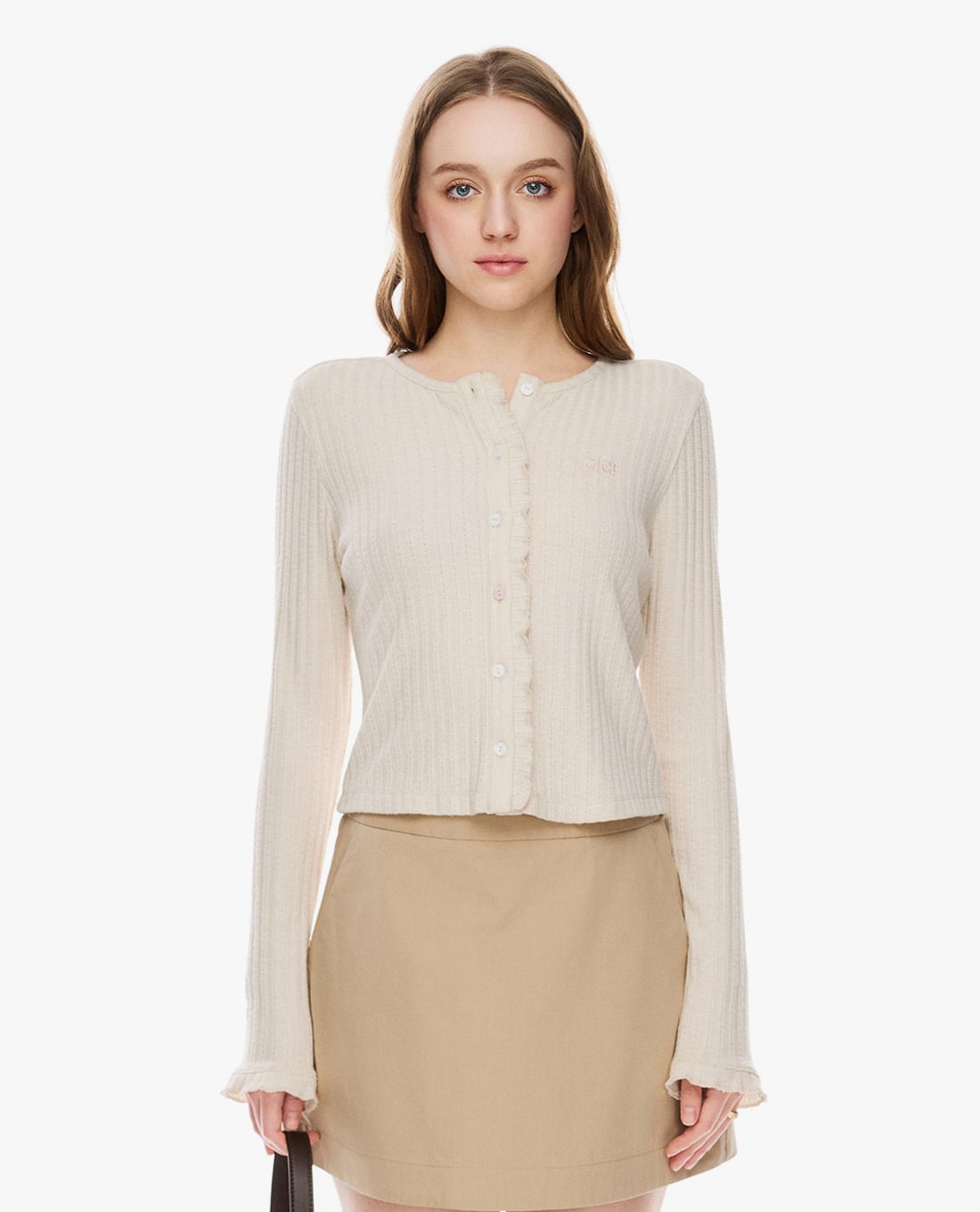 GIGI - Áo dệt kim nữ cổ tròn tay dài viền bèo