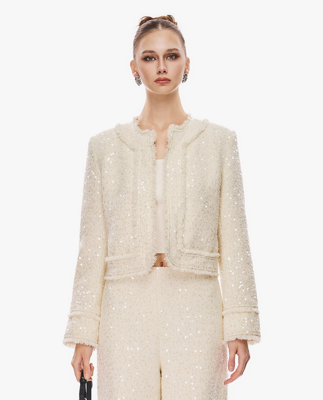 GIGI - Áo khoác tweed nữ tay dài đính sequin