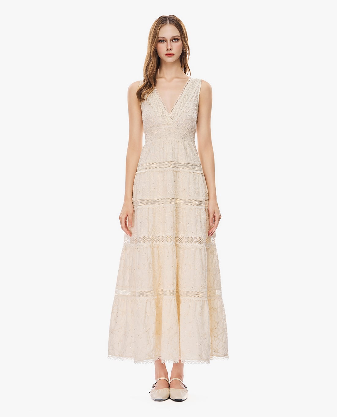 GIGI - Đầm sát nách midi xếp tầng phối ren