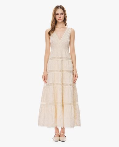  GIGI - Đầm sát nách midi xếp tầng phối ren 