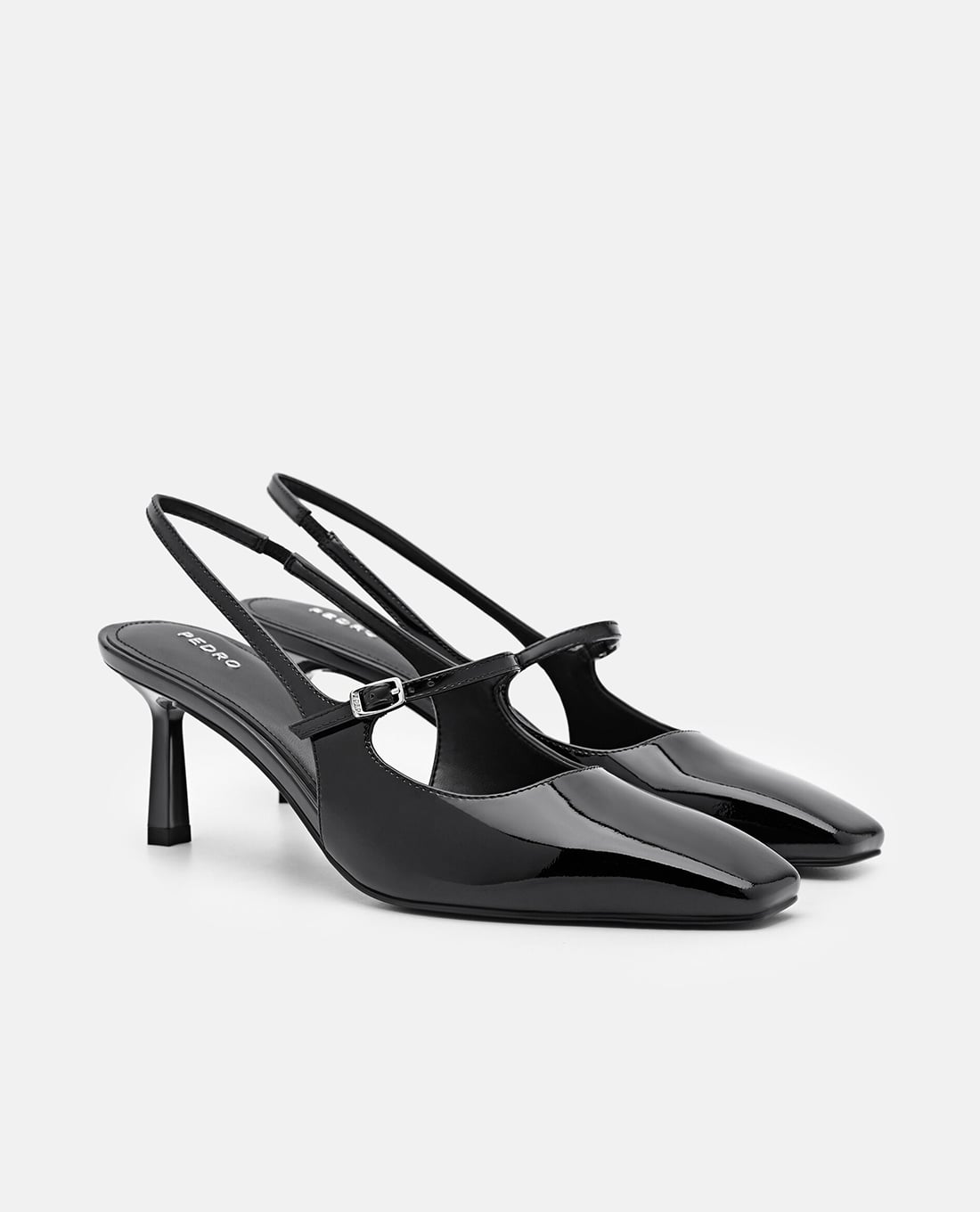PEDRO giày sandals cao gót nữ mũi vuông Leather màu đen thanh lịch