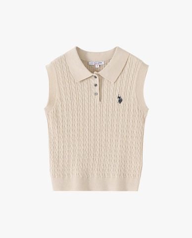  USPA - Áo dệt kim nữ sát nách cổ bẻ thêu logo 