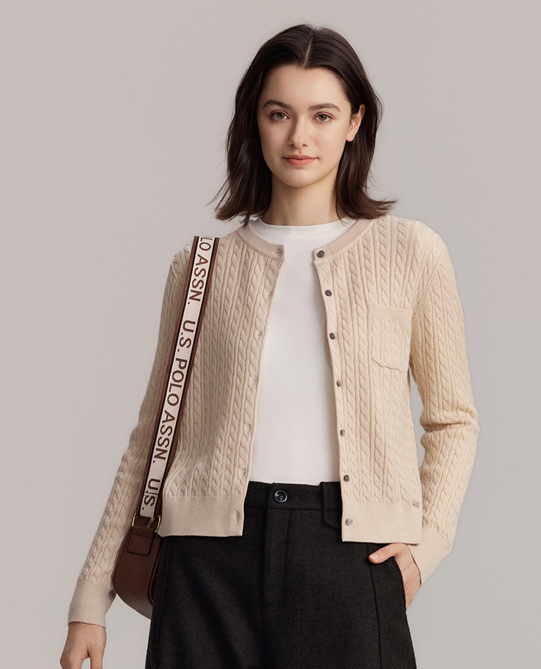 USPA - Áo khoác cardigan nữ tay dài phối túi ngực