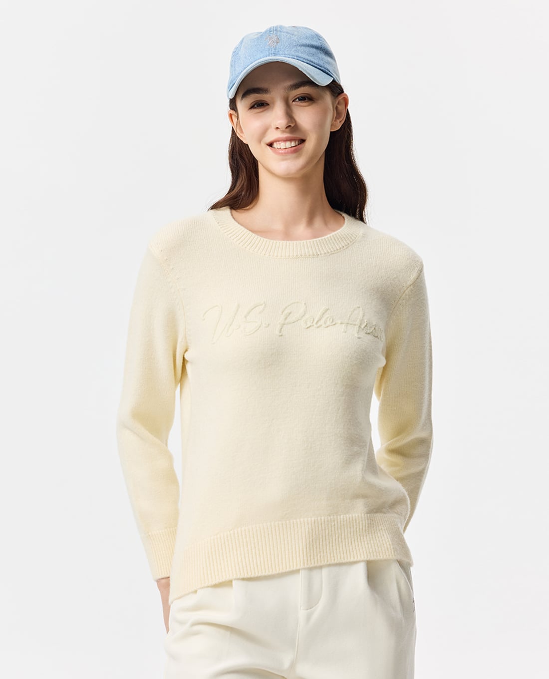 USPA - Áo dệt kim nữ cổ tròn tay dài thêu nổi logo