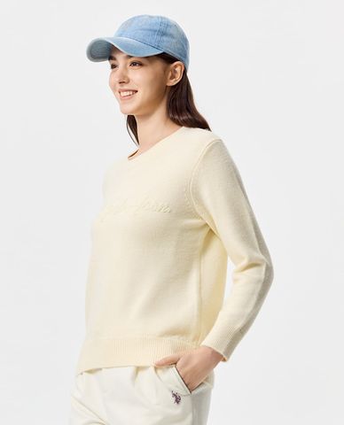  USPA - Áo dệt kim nữ cổ tròn tay dài thêu nổi logo 
