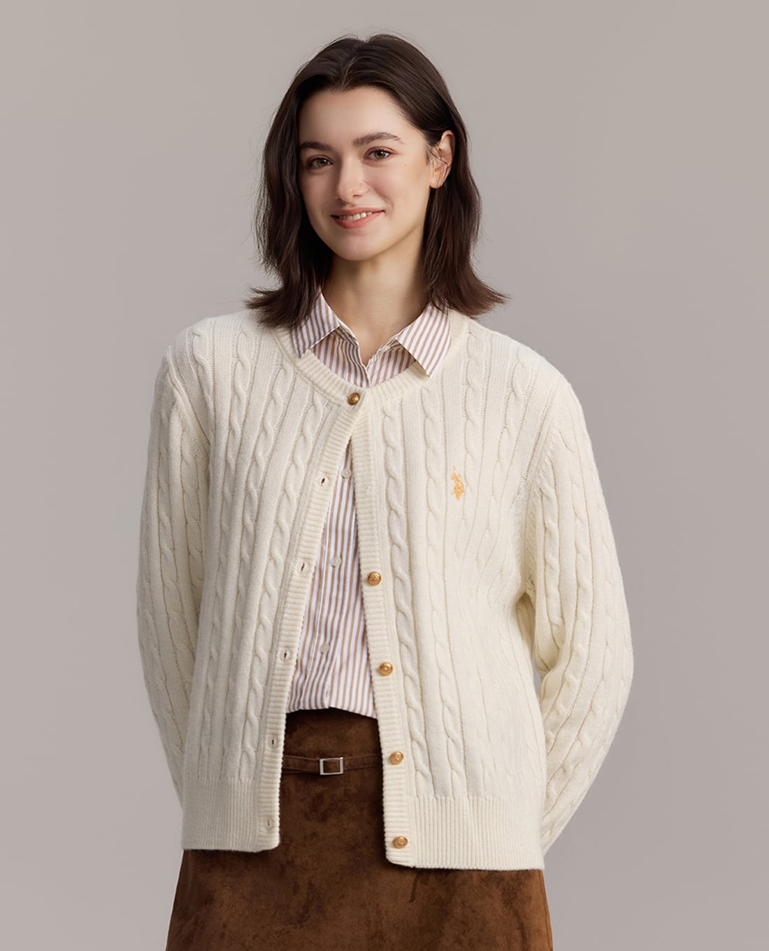 USPA - Áo khoác cardigan nữ cổ tròn dệt vặn thừng