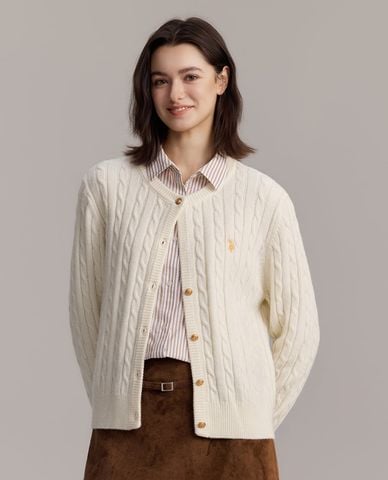  USPA - Áo khoác cardigan nữ cổ tròn dệt vặn thừng 