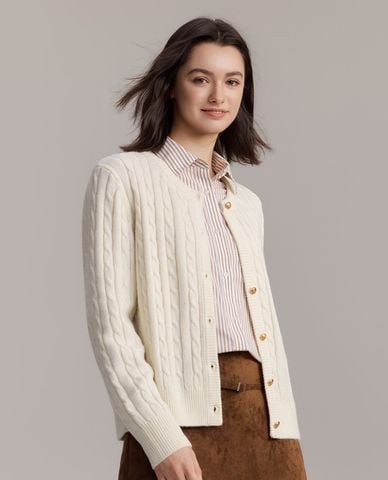  USPA - Áo khoác cardigan nữ cổ tròn dệt vặn thừng 