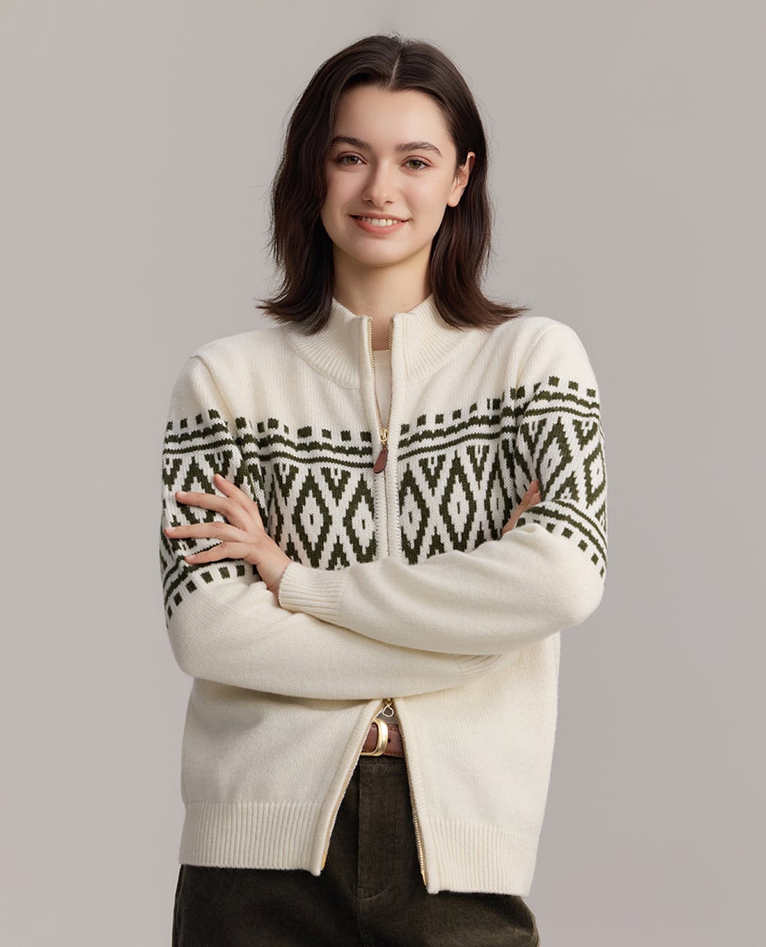USPA - Áo khoác cardigan nữ cổ cao họa tiết hình học