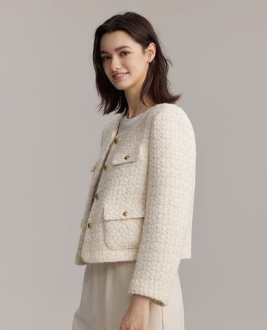  USPA - Áo khoác tweed nữ tay dài phối túi 