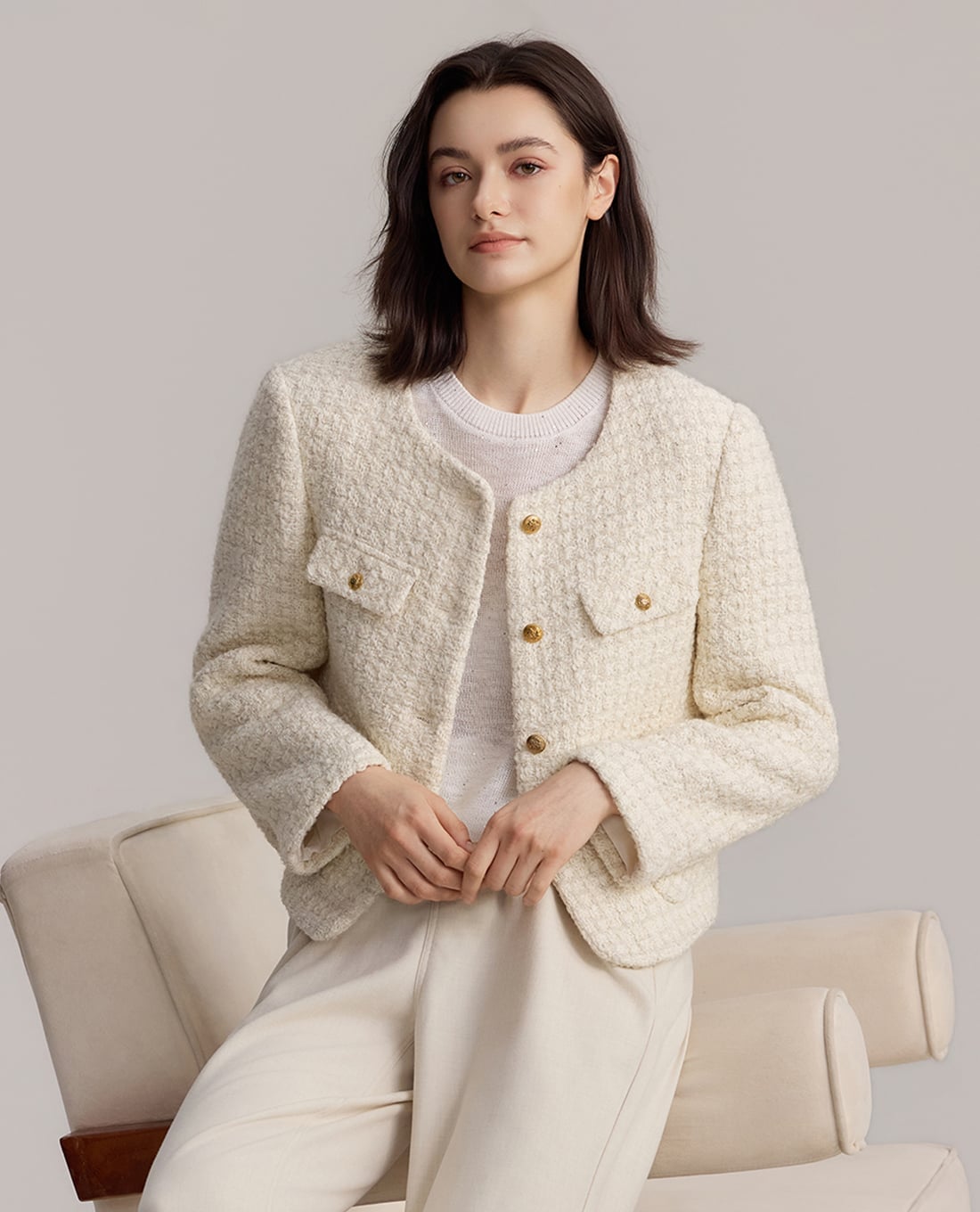 USPA - Áo khoác tweed nữ tay dài phối túi