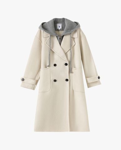  USPA - Áo khoác dạ lông cừu nữ dáng dài phối mũ 