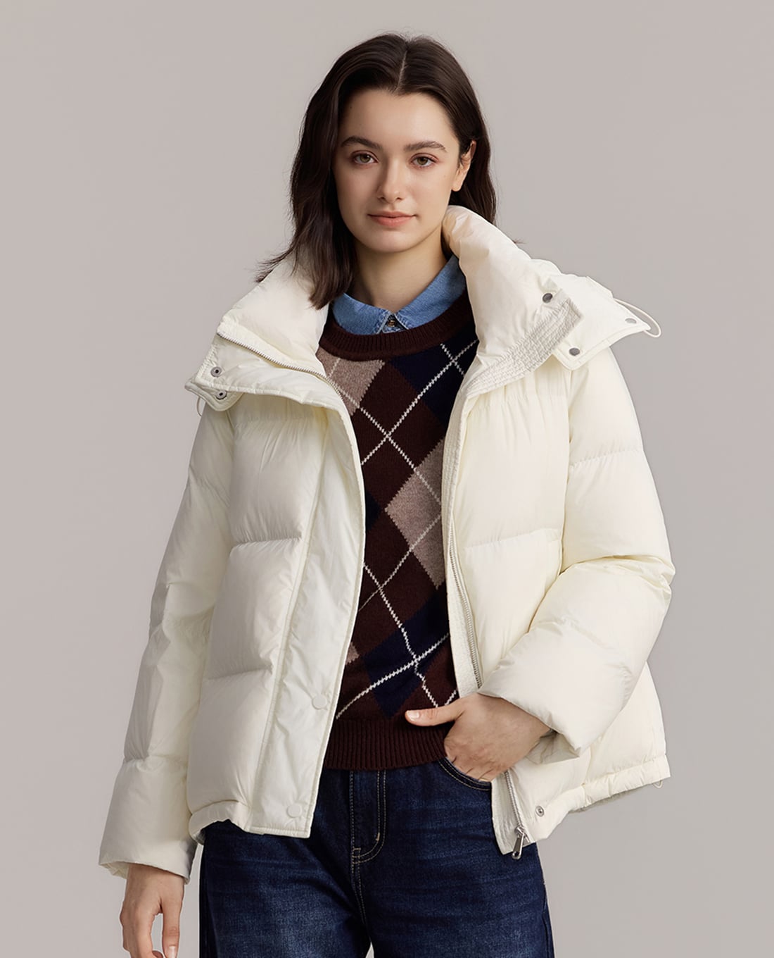 USPA - Áo khoác phao nữ phối mũ cổ cao tay dài