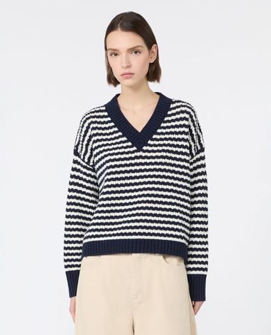  WEEKEND MAX MARA - Áo dệt kim nữ cổ V tay dài kẻ sọc Wkdspiga 