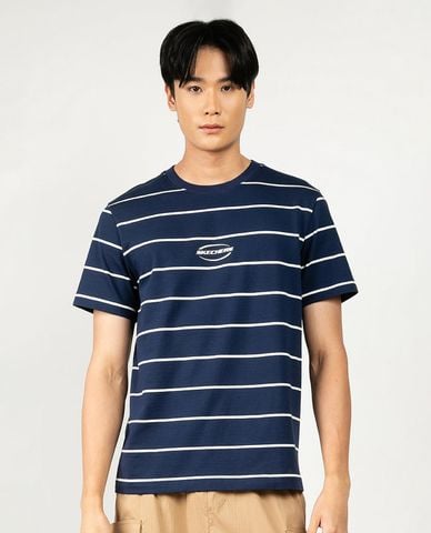  SKECHERS - Áo thun nam cổ tròn tay ngắn phối sọc 