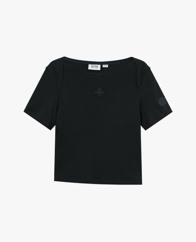  PALLADIUM - Áo thun nữ cổ thuyền tay ngắn thêu logo 