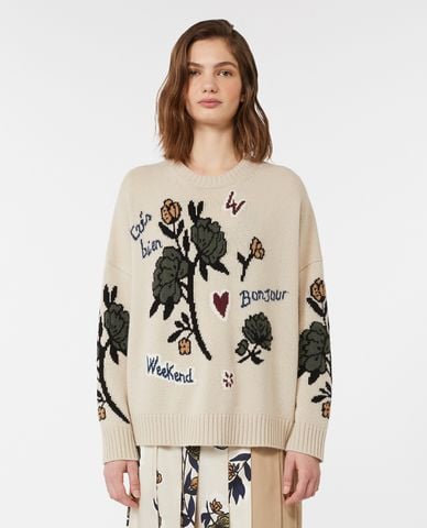  WEEKEND MAX MARA - Áo dệt kim nữ cổ tròn tay dài họa tiết Pavidi 