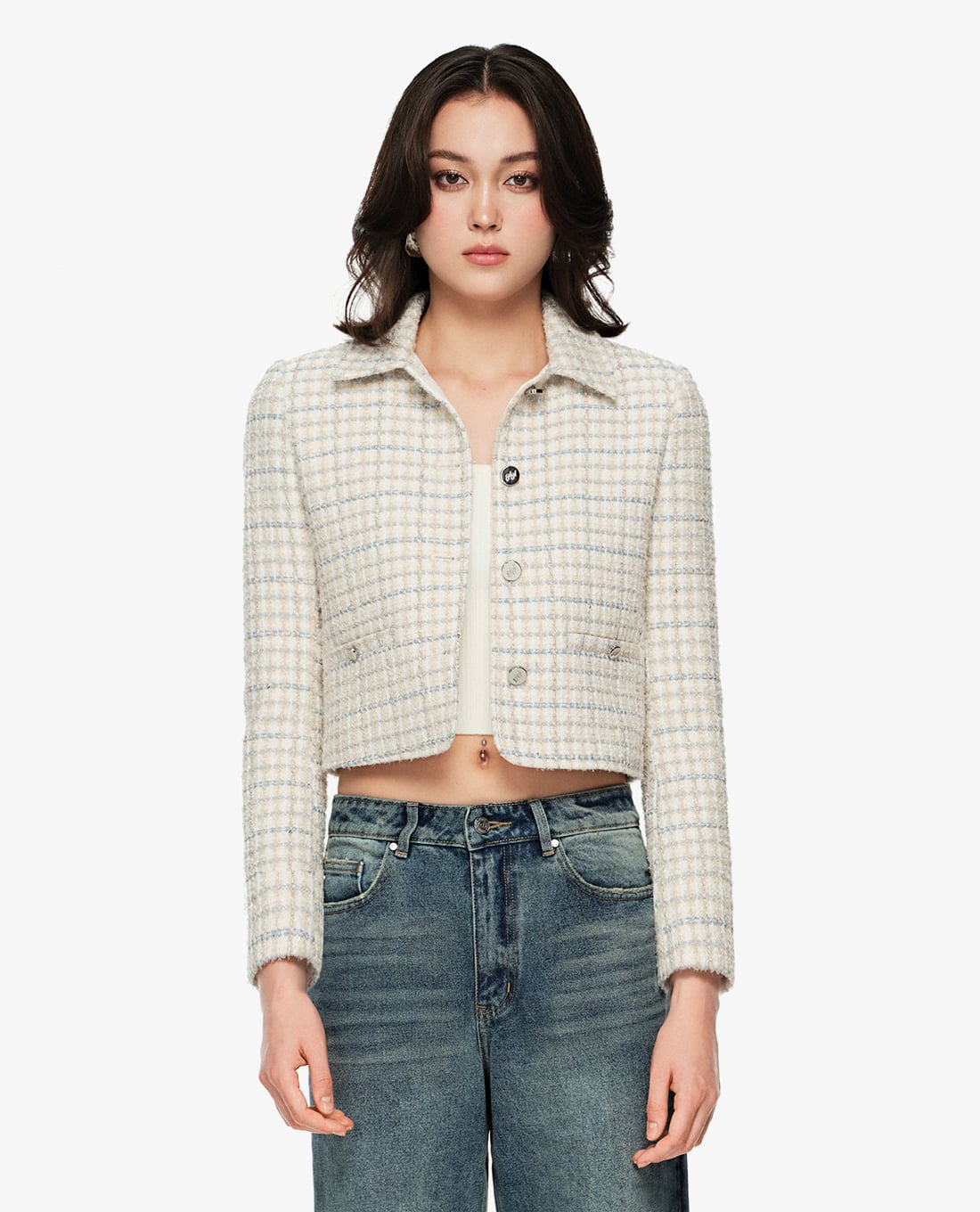 GIGI - Áo khoác tweed nữ cổ bẻ tay dài phom croptop