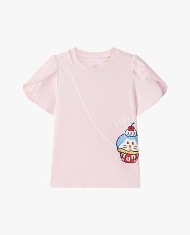  SKECHERS - Áo thun bé gái cổ tròn tay bèo Doraemon 