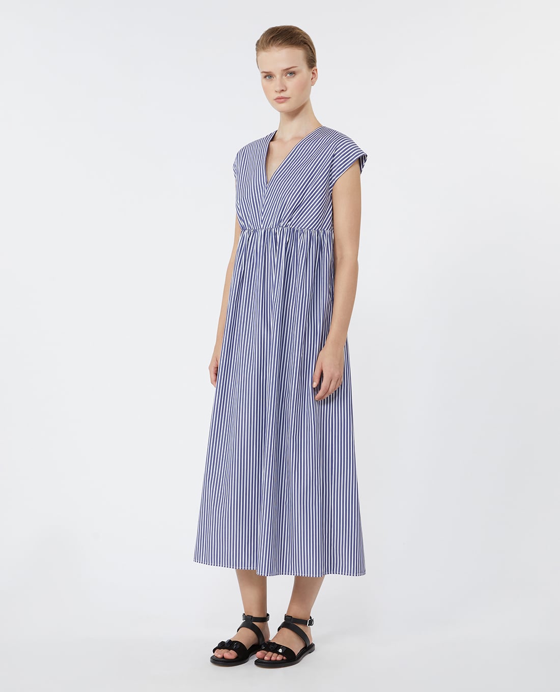 WEEKEND MAX MARA - Đầm midi cổ V kẻ sọc Wkdmolo