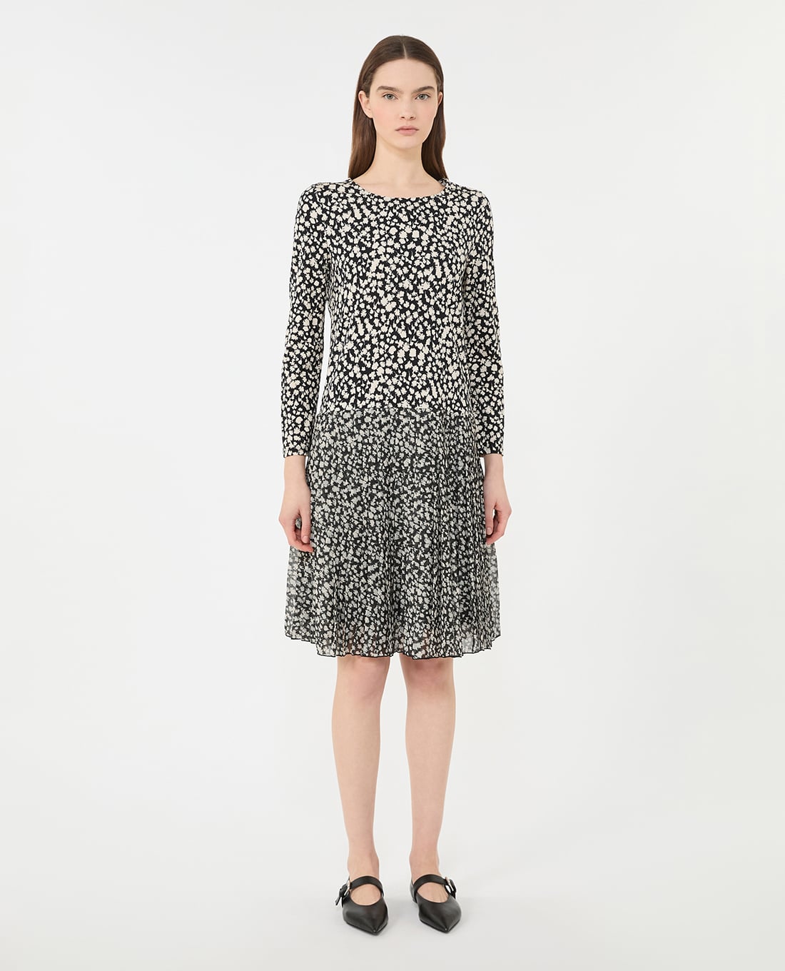 WEEKEND MAX MARA - Đầm xếp li midi cổ tròn tay dài in hoa