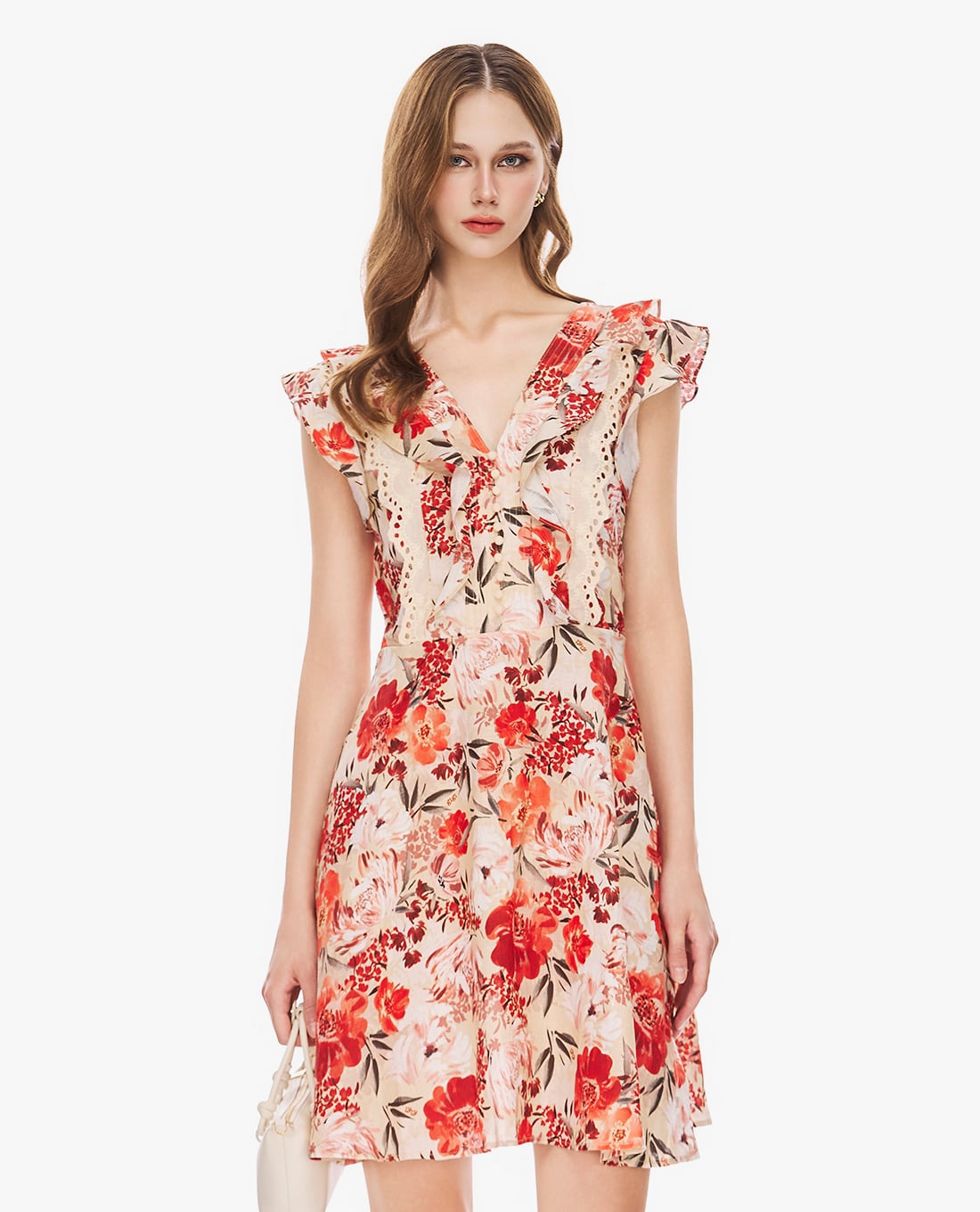 GIGI - Đầm sát nách mini cổ V phối bèo họa tiết hoa