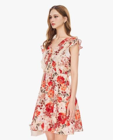 GIGI - Đầm sát nách mini cổ V phối bèo họa tiết hoa 