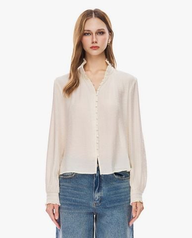  GIGI - Áo sơ mi nữ cổ cao tay dài phối bèo nhún 