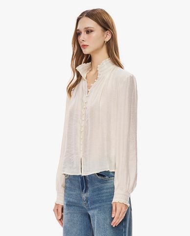  GIGI - Áo sơ mi nữ cổ cao tay dài phối bèo nhún 