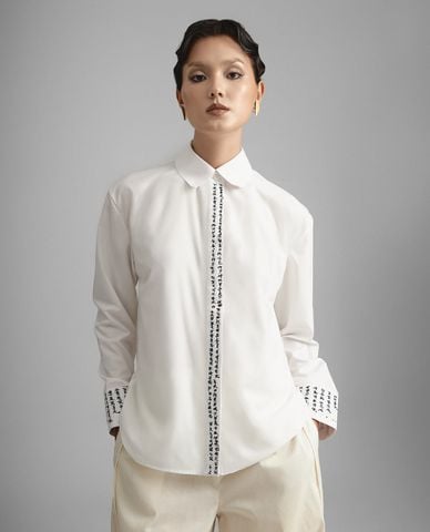  THOME - Áo sơ mi nữ cổ bẻ tay dài thêu chữ 