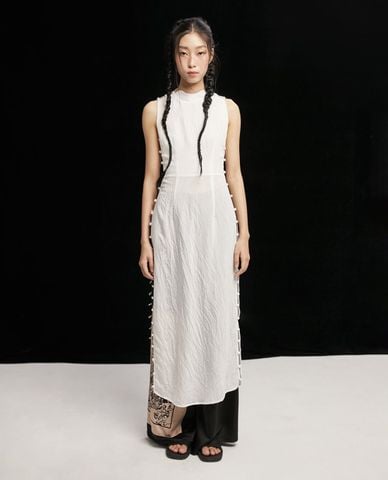  THOME - Áo dài nữ cổ tròn sát nách phối nút cài Tired 