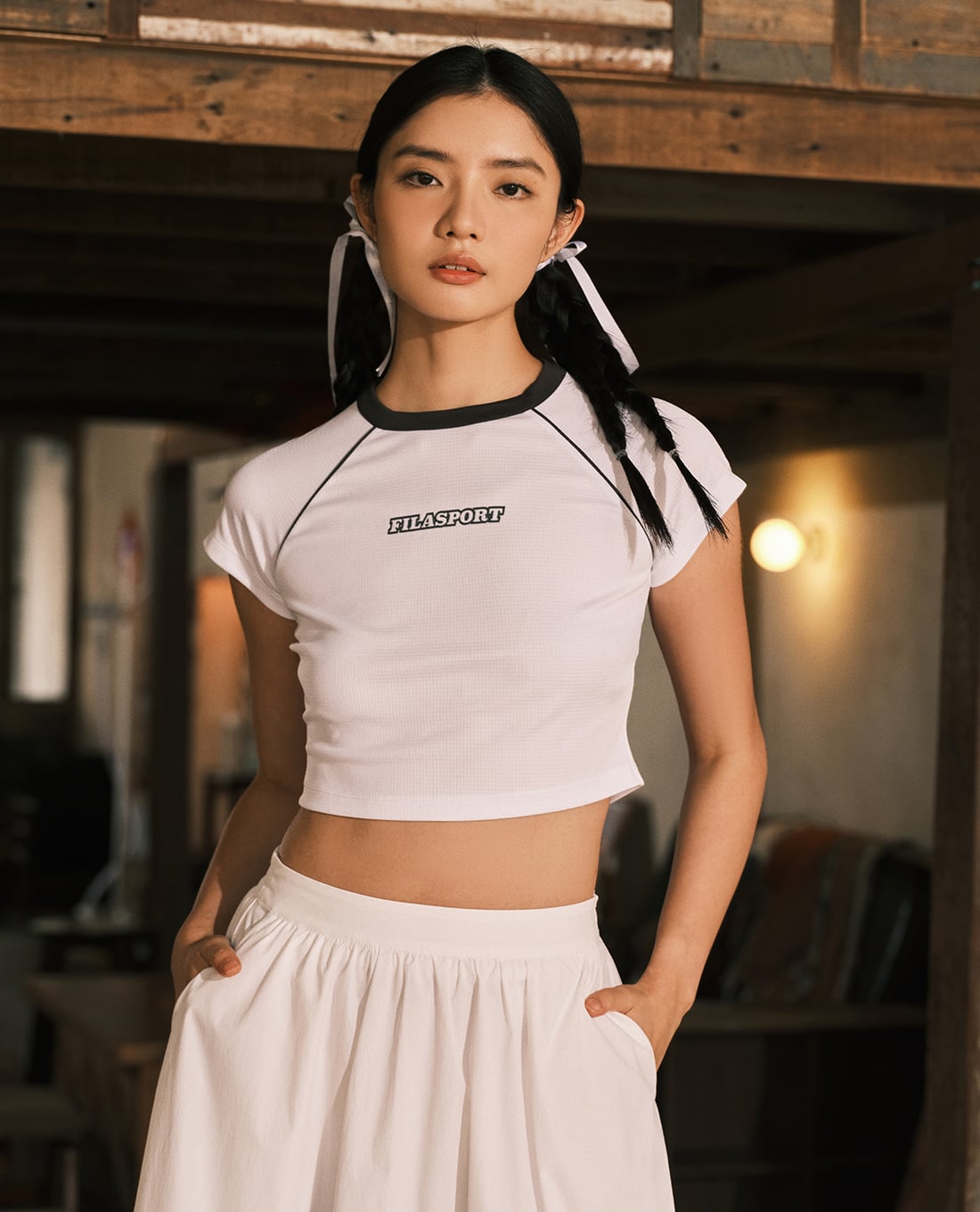 FILA - Áo croptop nữ cổ tròn tay ngắn Sports x Balletcore