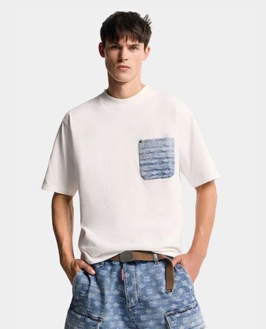 DSQUARED2 - Áo thun nam cổ tròn tay ngắn phối túi denim 