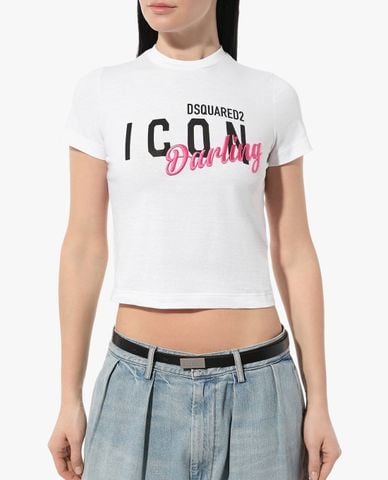  DSQUARED2 - Áo thun nữ cổ tròn tay ngắn phom lửng Icon Darling 