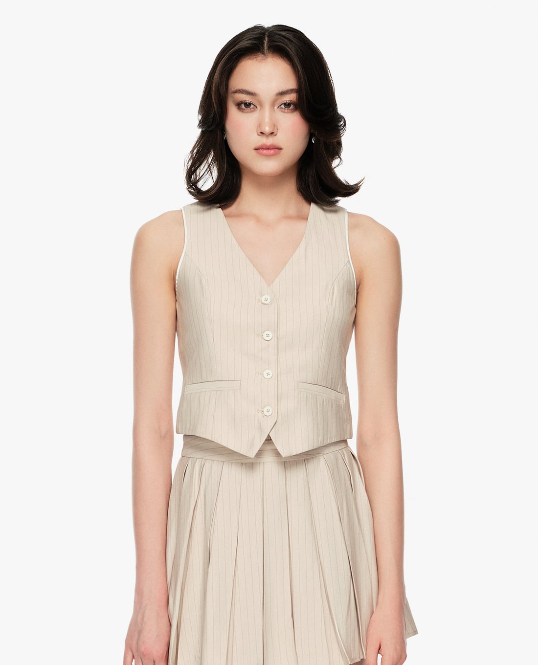 GIGI - Áo khoác gilet nữ cổ V kẻ sọc