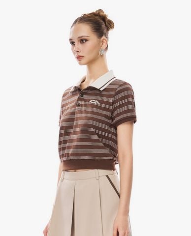  GIGI - Áo croptop nữ cổ bẻ tay ngắn kẻ sọc 