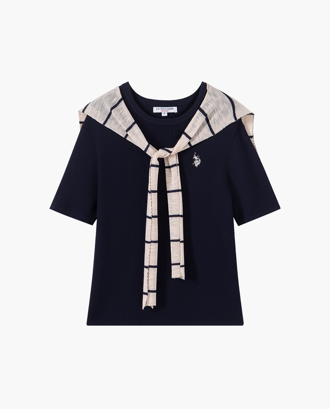 USPA - Áo dệt kim nữ cổ tròn tay ngắn phối khăn