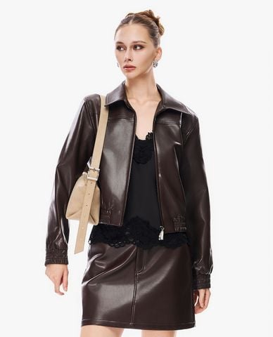  GIGI - Áo khoác da nữ cổ bẻ tay dài phối khóa zip 