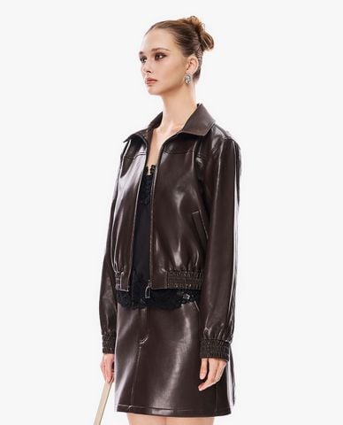  GIGI - Áo khoác da nữ cổ bẻ tay dài phối khóa zip 