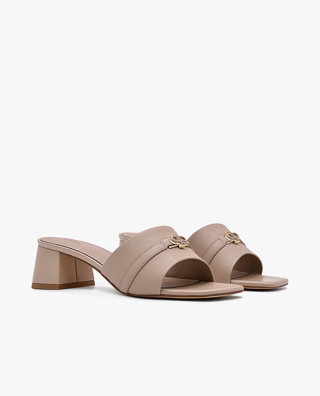 PEDRO giày mules cao gót nữ mũi vuông Icon Leather màu taupe cho phụ nữ trung niên