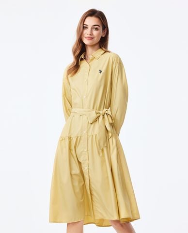  USPA -  Đầm sơ mi midi tay dài phối đai lưng 