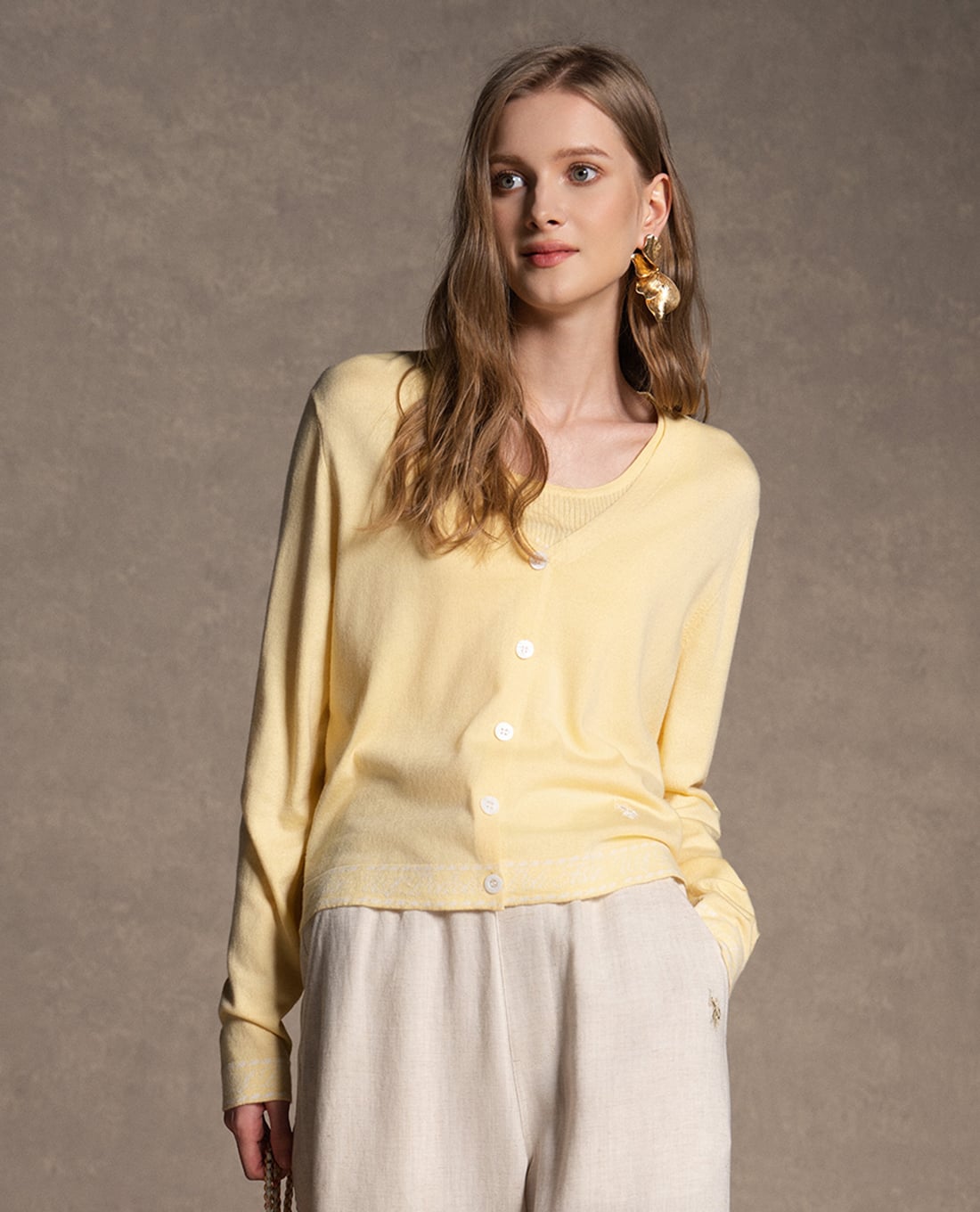 USPA - Áo khoác cardigan nữ cổ V tay dài phối viền