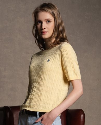  USPA - Áo dệt kim nữ cổ tròn tay ngắn thêu logo 