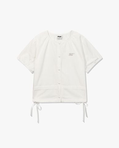  FILA - Áo kiểu nữ cổ tròn tay ngắn phối dây rút 