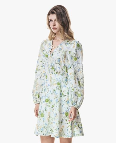  GIGI - Đầm mini cổ V đan dây tay phồng in hoa 